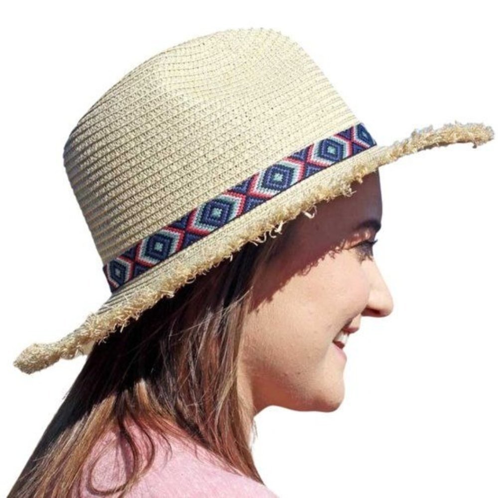 Pinch Front Straw Fedora Sun Hat Natural‎ Southwestern Band OS NWT